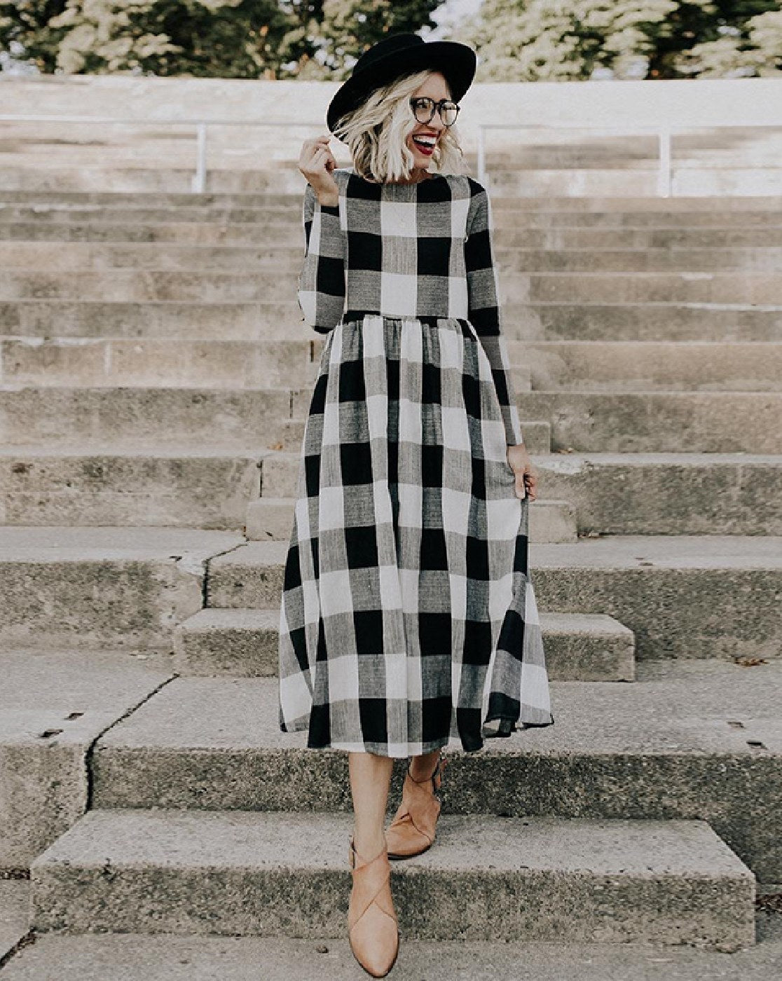シェリエ flocky check long shirt dress Cotton Linen Gingham Shirt Dress Black & Natural | Zenzee