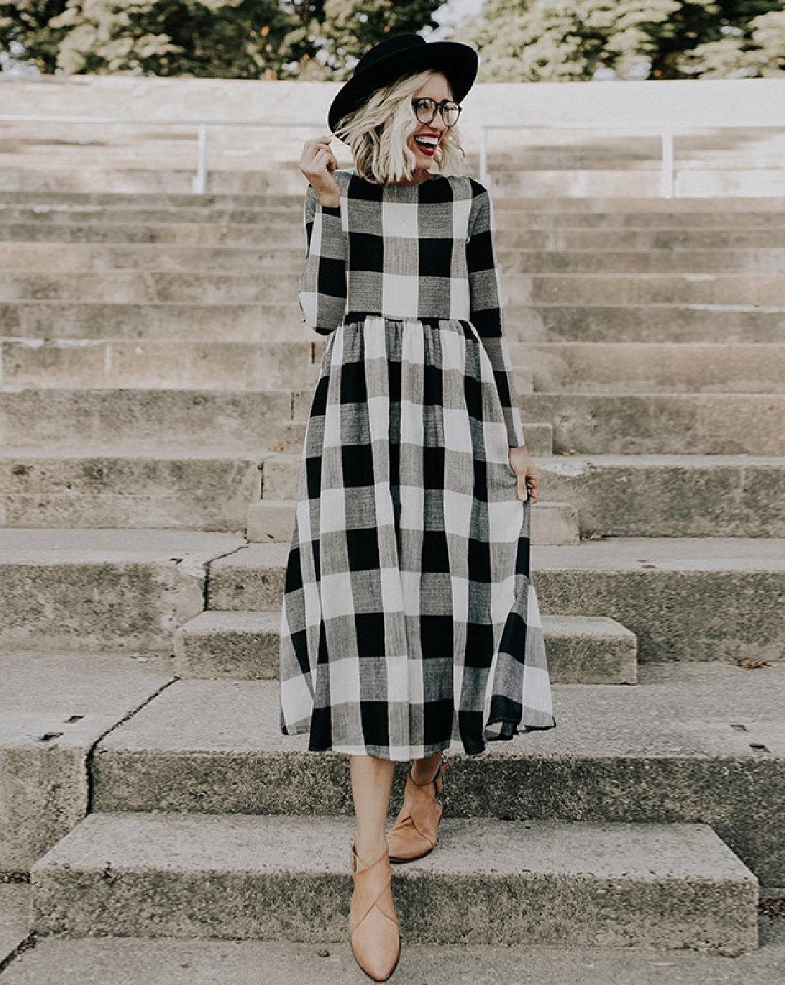 Black & White Cotton Gingham Check Tiered Dress